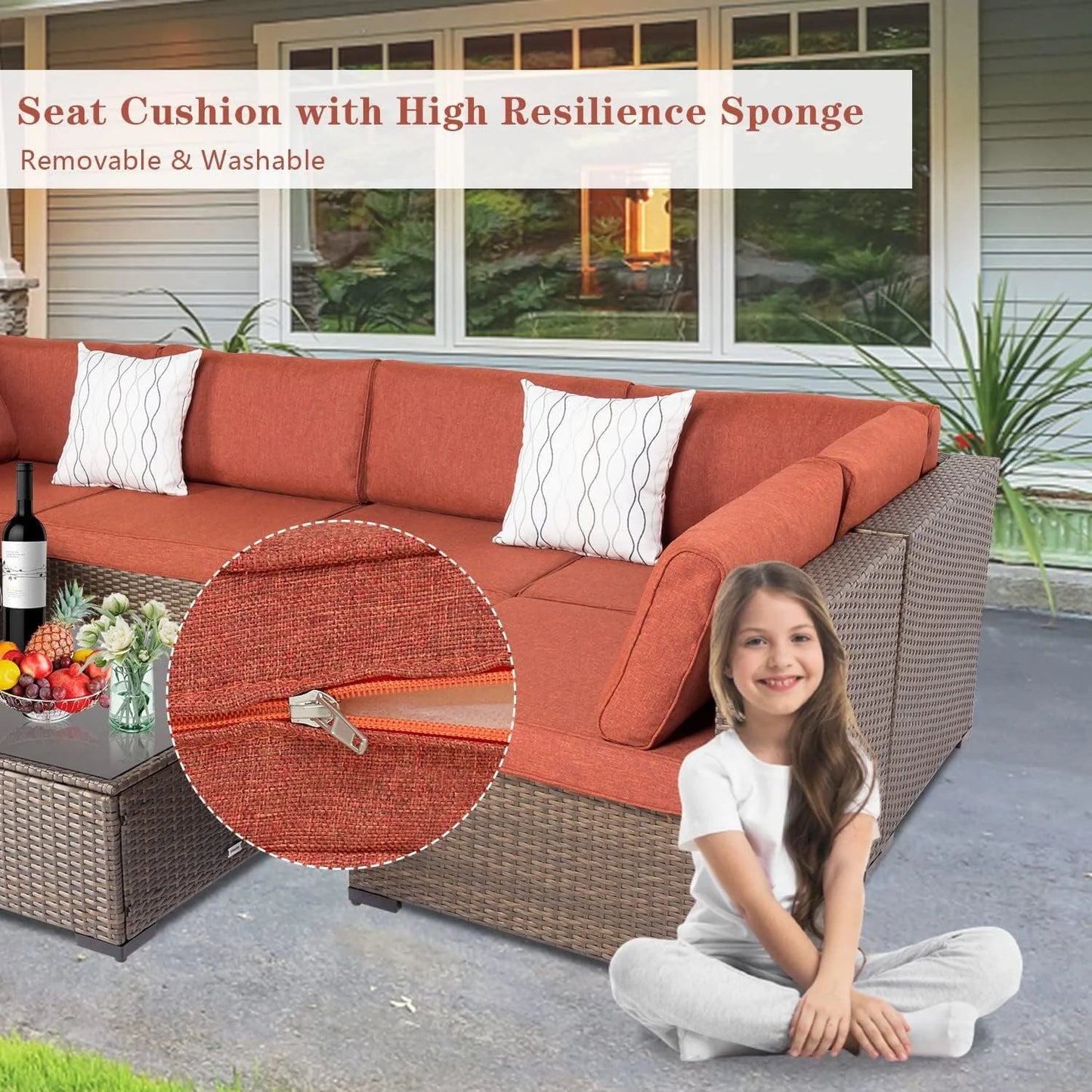 Kinbor 7pcs Outdoor Patio Furniture Set Wicker Sectional Sofa with Cushions, Maple Red