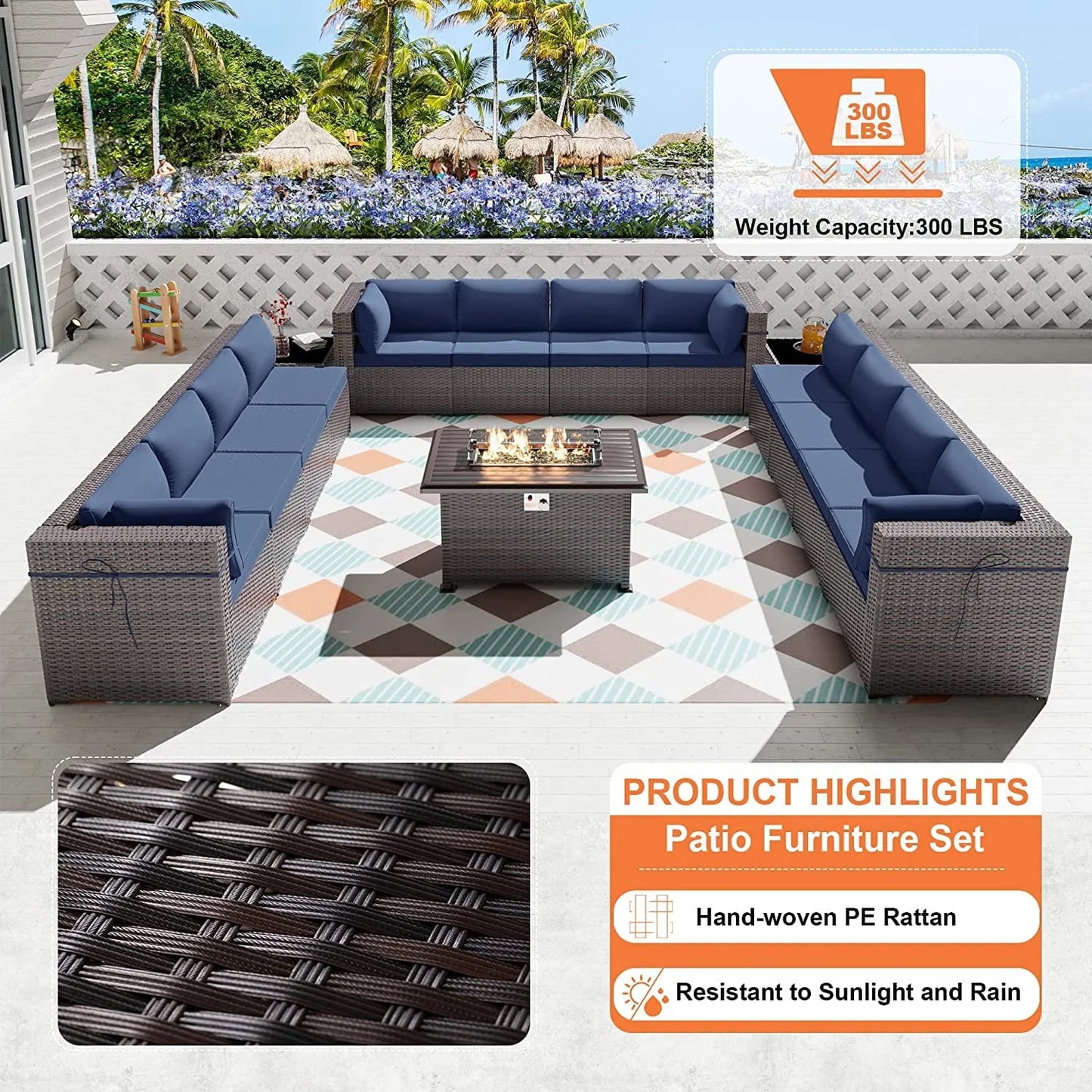 Gotland 15 Pieces Outdoor Patio Furniture Set with Propane Fire Pit Table Outdoor Sectional Sofa Sets Patio Furniture 43" Gas Fire Pit PE Rattan Patio Conversation Set (Navy Blue)
