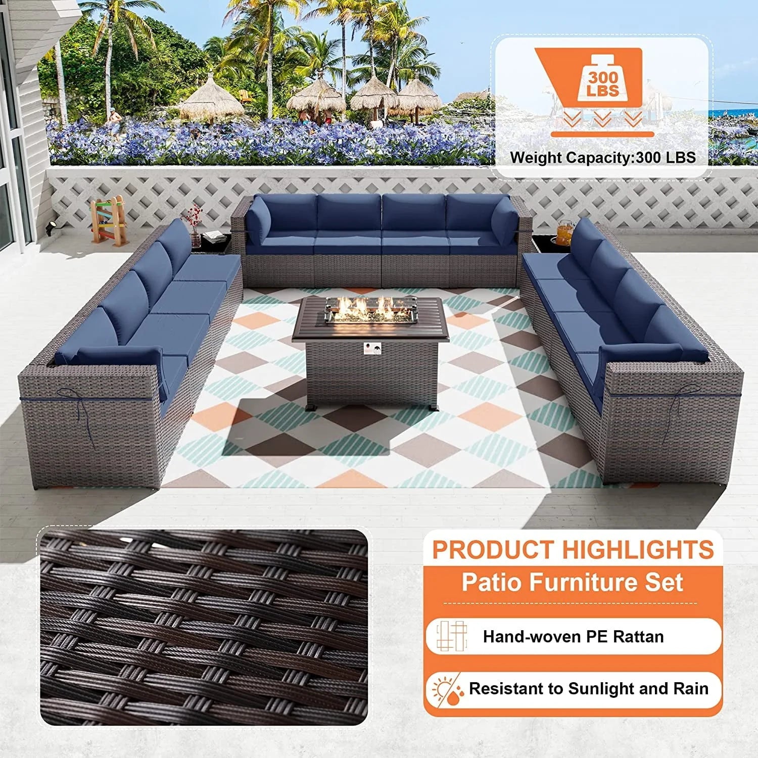 Gotland 15 Pieces Outdoor Patio Furniture Set with Propane Fire Pit Table Outdoor Sectional Sofa Sets Patio Furniture 43" Gas Fire Pit PE Rattan Patio Conversation Set (Navy Blue)