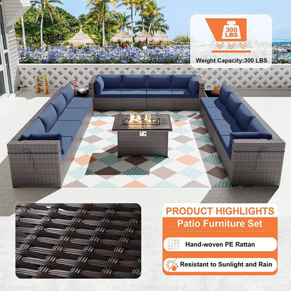Gotland 15 Pieces Outdoor Patio Furniture Set with Propane Fire Pit Table Outdoor Sectional Sofa Sets Patio Furniture 43" Gas Fire Pit PE Rattan Patio Conversation Set (Navy Blue)