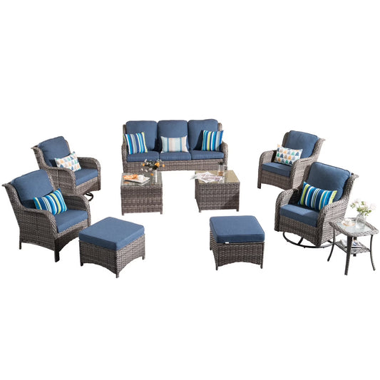 Ovios 10 Pieces Outdoor Patio Furniture Set All Weather Wicker Conversation Set Outdoor Sectional Sofa Couch with 360 Degree Swivel Rocking Chairs for Balcony