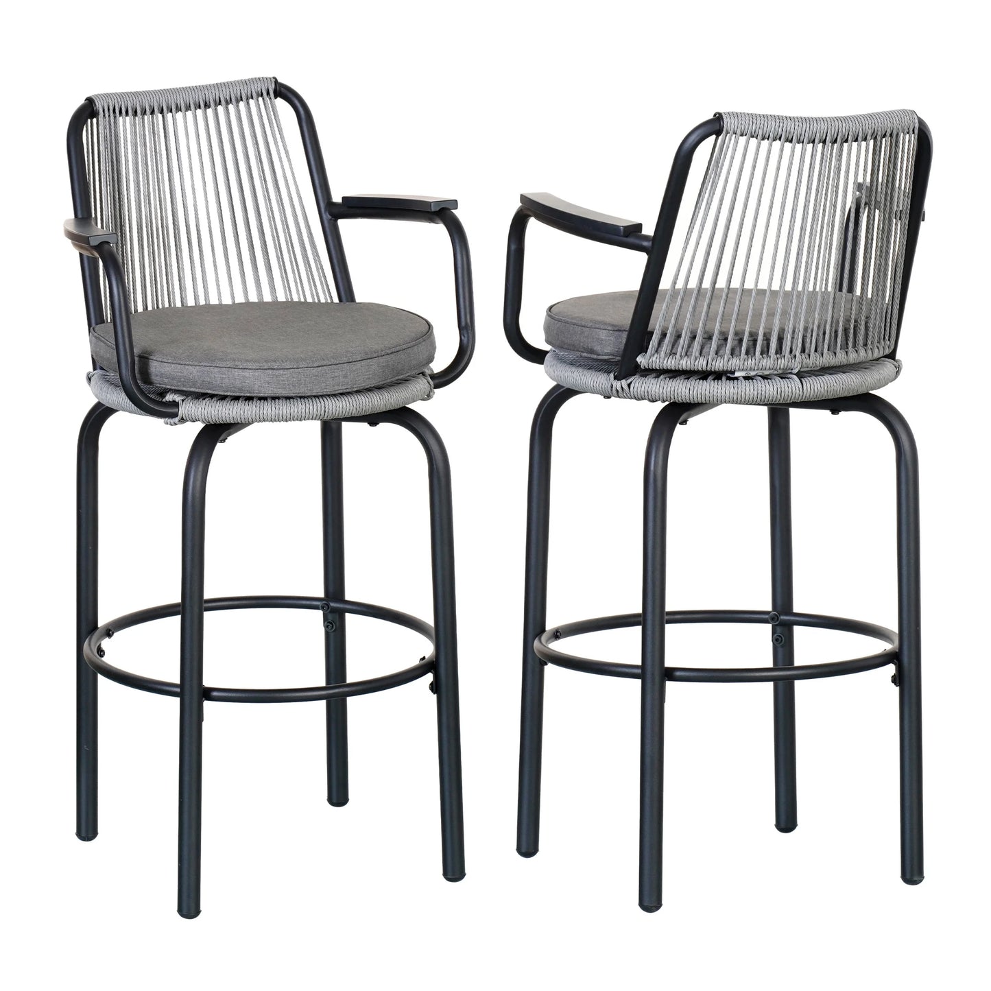 Lyric Modern 29" Outdoor Patio Bar Stools, Bar Chairs with Wood Grain Finish Frame with Hand-Woven PE Rattan Rope, Removable Cushions, Teak+Beige, Set of 2
