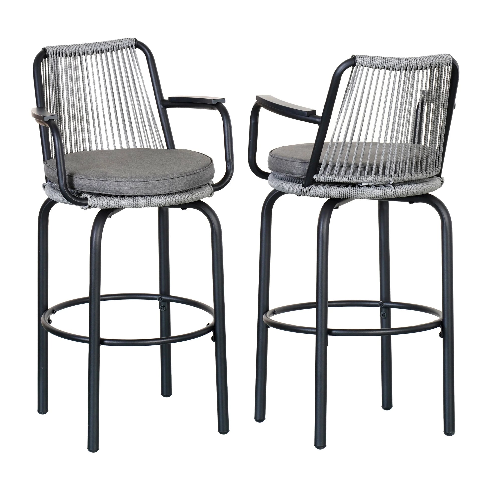 Lyric Modern 29" Outdoor Patio Bar Stools, Bar Chairs with Wood Grain Finish Frame with Hand-Woven PE Rattan Rope, Removable Cushions, Teak+Beige, Set of 2
