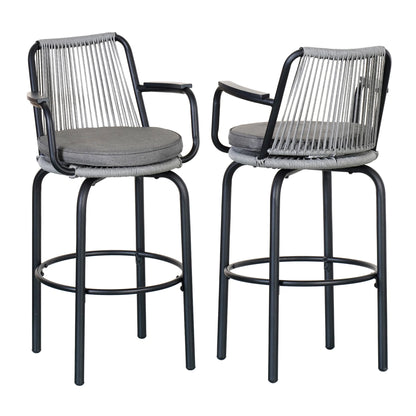 Lyric Modern 29" Outdoor Patio Bar Stools, Bar Chairs with Wood Grain Finish Frame with Hand-Woven PE Rattan Rope, Removable Cushions, Teak+Beige, Set of 2