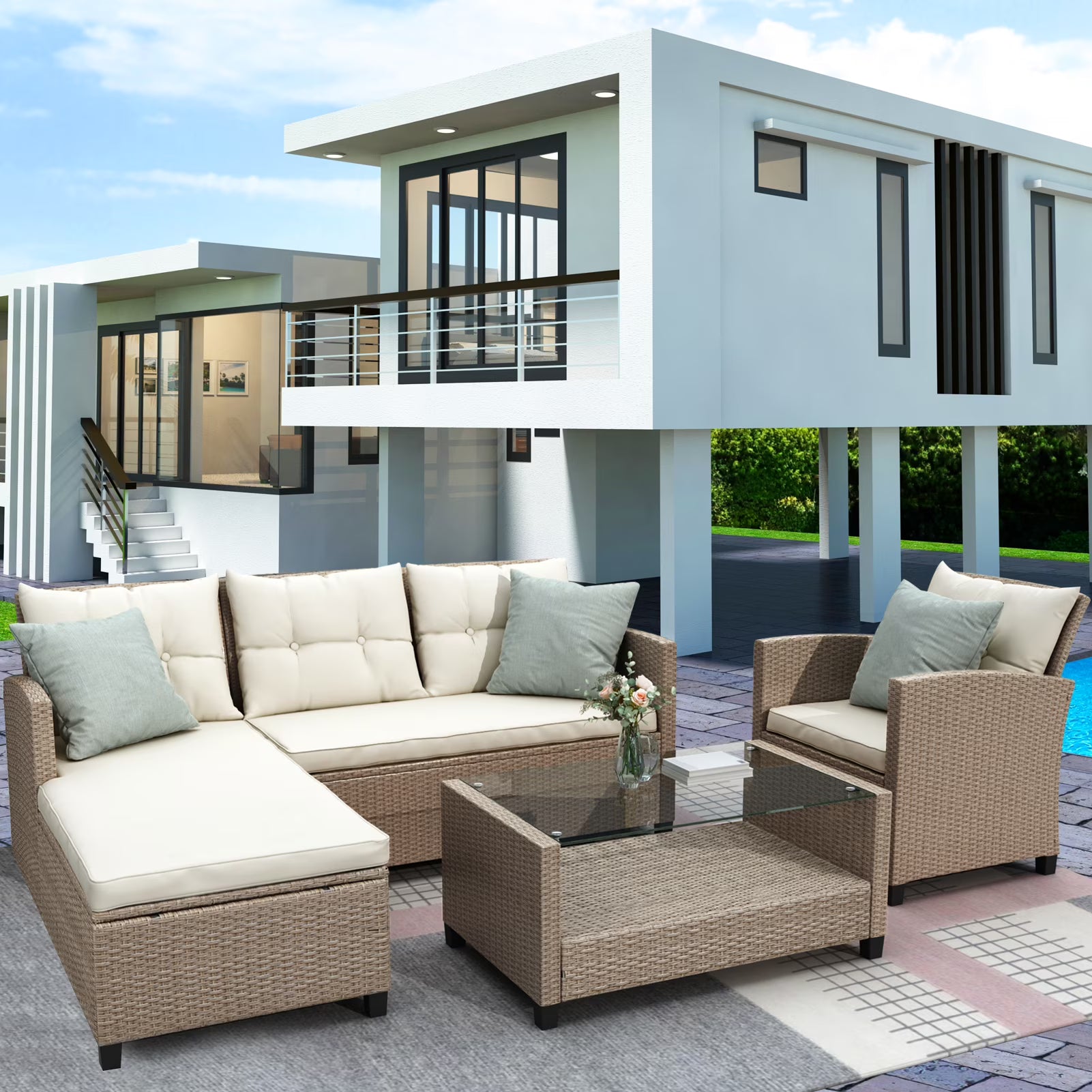 SEGMART 4 Piece Patio Furniture Set, All-Weather Outdoor Sectional Sofa Set, PE Rattan Conversation Set with Storage Box, Table & Cushions, Wicker Furniture Couch Set for Patio Deck Garden