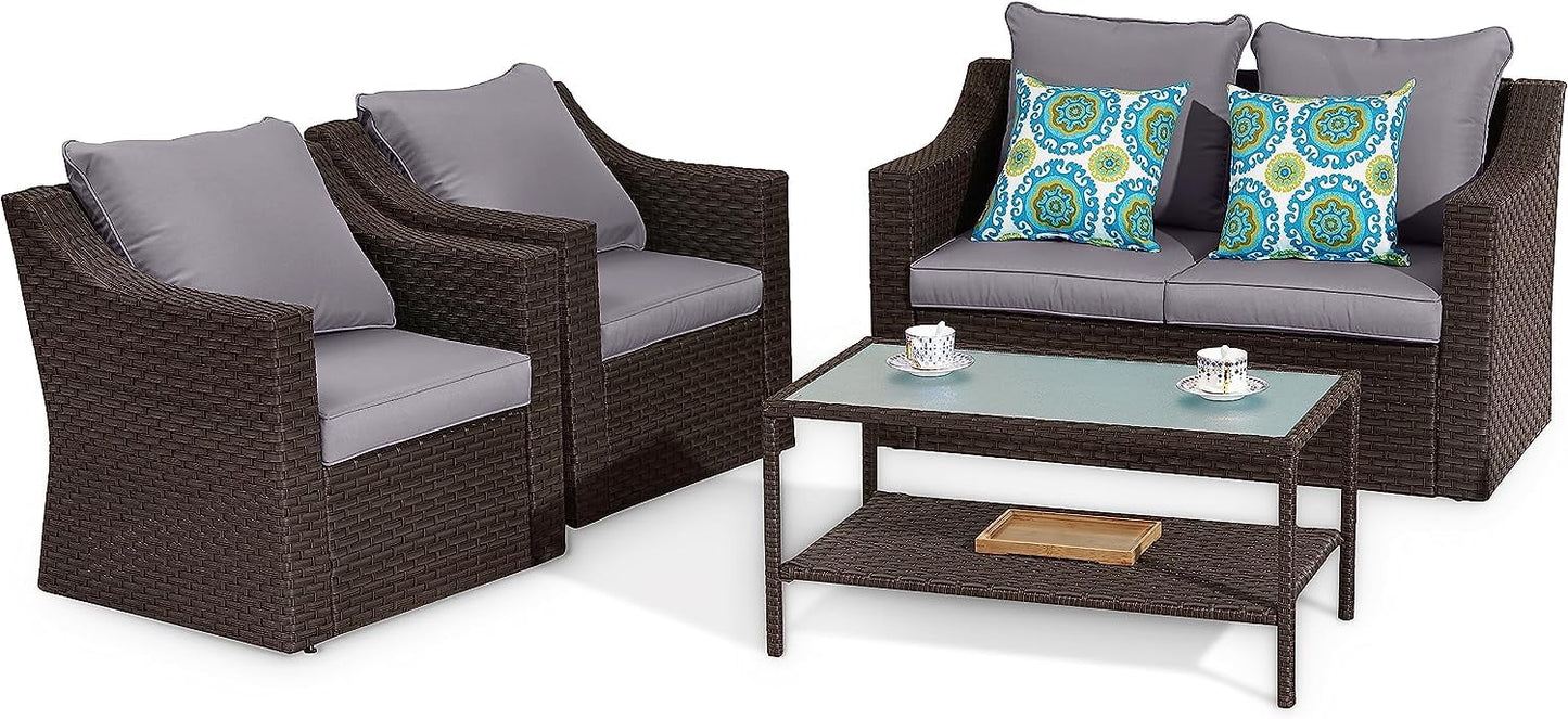 CozyHom 5 Pcs Outdoor Patio Wicker Furniture Sofa Set Clearance Sectional Conversation Couch Chair Sofa Set With Coffee Table, Grey