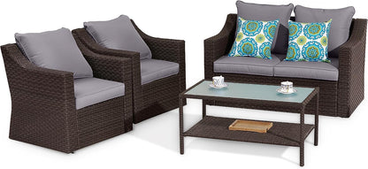 CozyHom 5 Pcs Outdoor Patio Wicker Furniture Sofa Set Clearance Sectional Conversation Couch Chair Sofa Set With Coffee Table, Grey