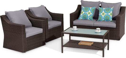 CozyHom 5 Pcs Outdoor Patio Wicker Furniture Sofa Set Clearance Sectional Conversation Couch Chair Sofa Set With Coffee Table, Grey