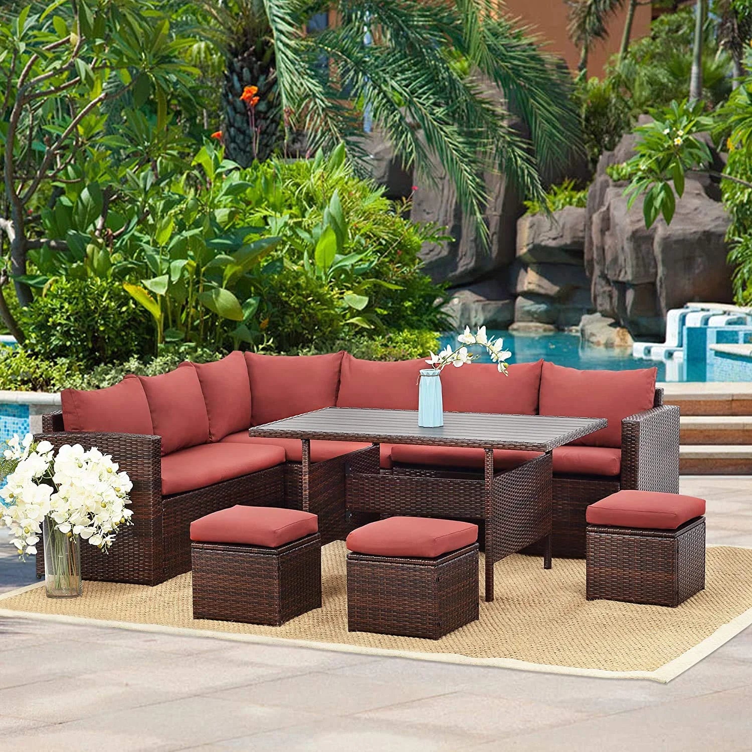 Superjoe 7 Pieces Outdoor Patio Furniture Set with Ottoman, Blue