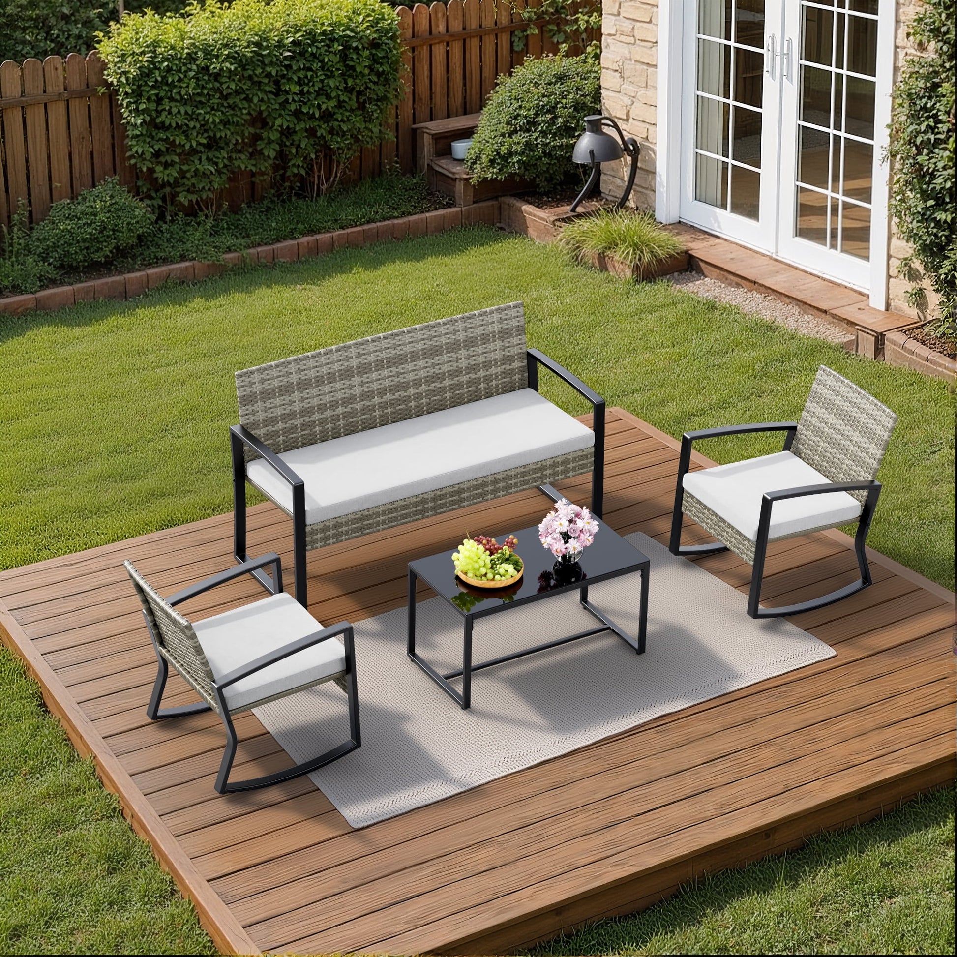 Lofka Patio Furniture Set, 4-Piece Outdoor Sectional Furniture Set with Coffee Table for Conversation & Dining, Gray Rattan