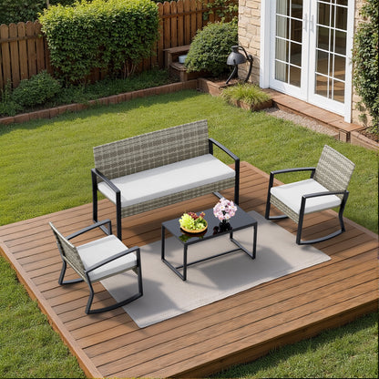 Lofka Patio Furniture Set, 4-Piece Outdoor Sectional Furniture Set with Coffee Table for Conversation & Dining, Gray Rattan