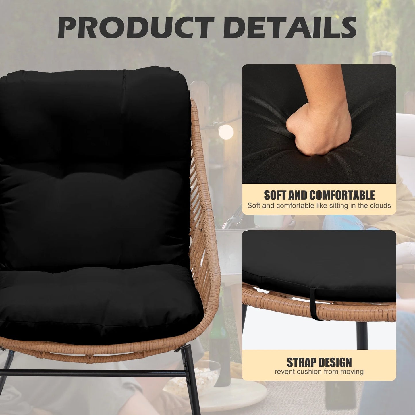 Tappio Wicker Papasan Egg Chair with Ottoman, Outdoor Patio Basket Lounge Chair Indoor Oversized Egg Lounger with Thick Cushion for Living Room Bedroom Balcony Porch, Black