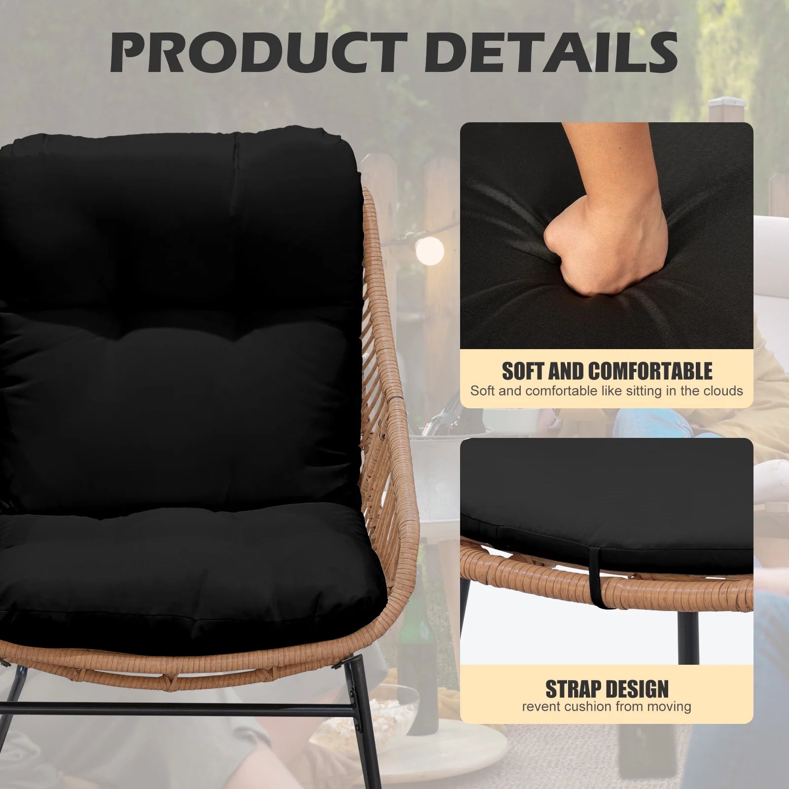 Tappio Wicker Papasan Egg Chair with Ottoman, Outdoor Patio Basket Lounge Chair Indoor Oversized Egg Lounger with Thick Cushion for Living Room Bedroom Balcony Porch, Black