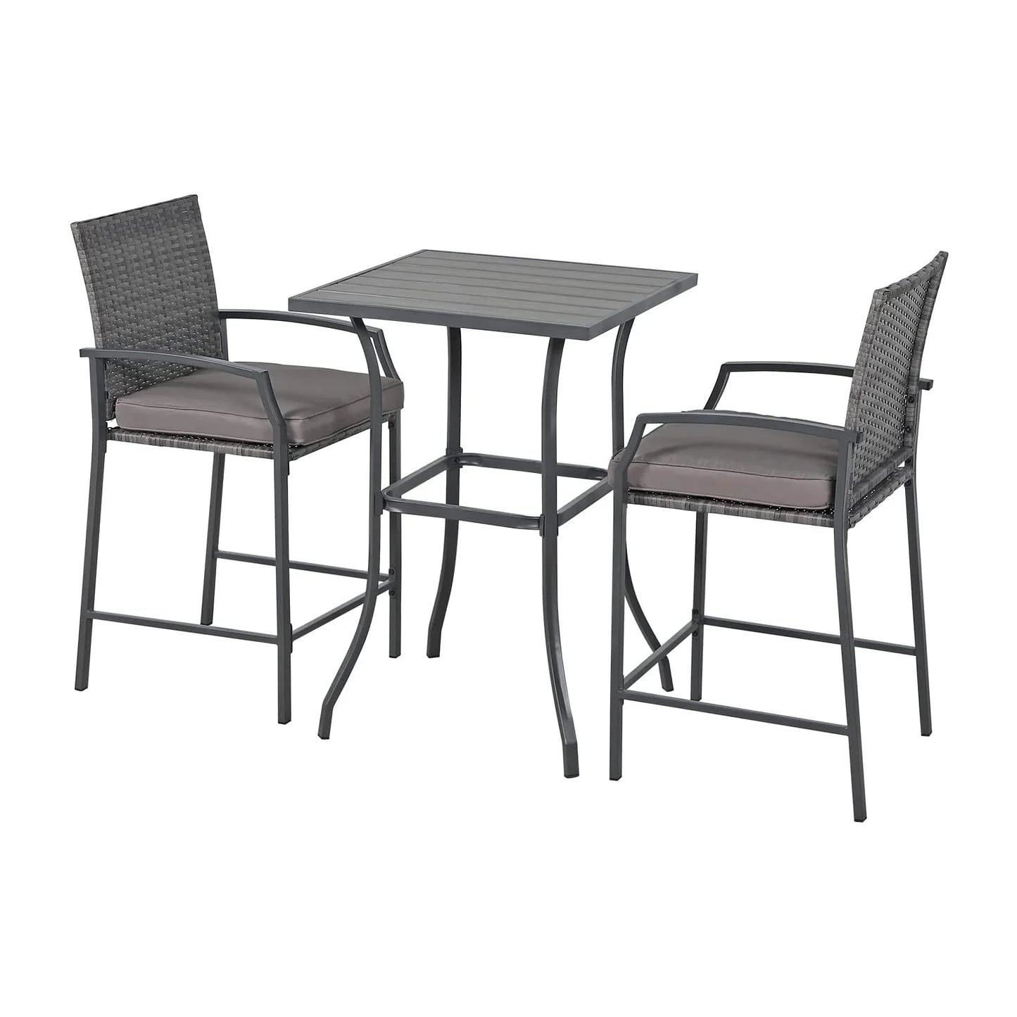 Patio Bar Set, 3 Piece Outdoor Wicker Bistro Set, All-weather Rattan Height Bar Stools with Cushions, Wood Top Bar Height Table Bistro Bar Set for 2 people, for Backyard, Patio, Pool, Garden
