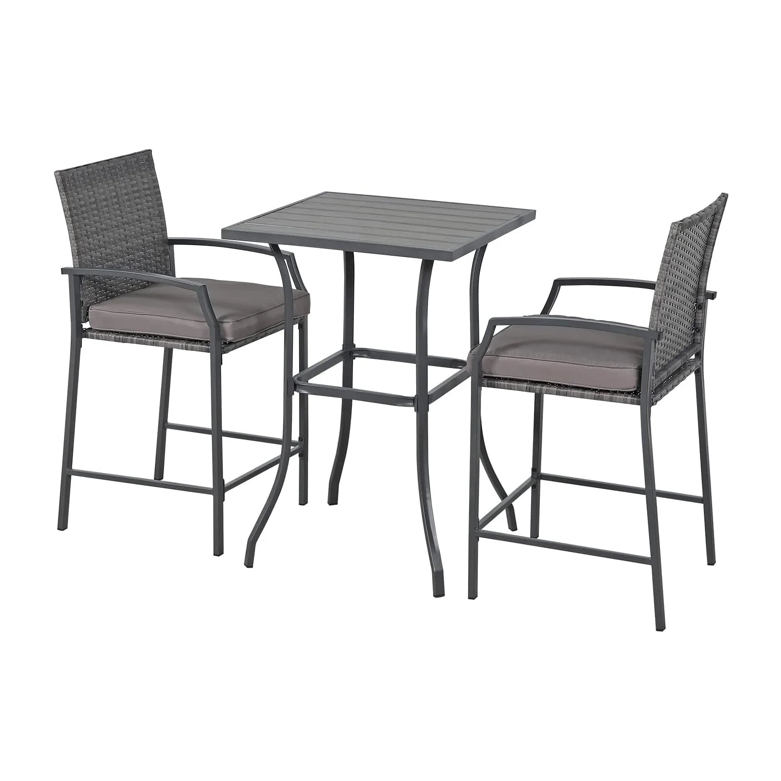 Patio Bar Set, 3 Piece Outdoor Wicker Bistro Set, All-weather Rattan Height Bar Stools with Cushions, Wood Top Bar Height Table Bistro Bar Set for 2 people, for Backyard, Patio, Pool, Garden