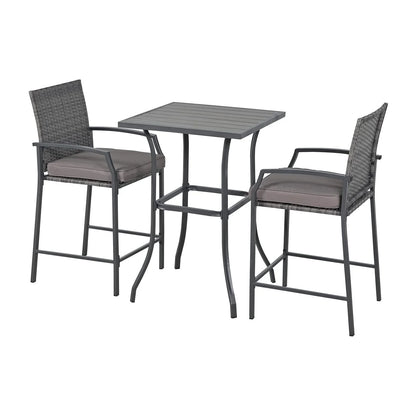 Patio Bar Set, 3 Piece Outdoor Wicker Bistro Set, All-weather Rattan Height Bar Stools with Cushions, Wood Top Bar Height Table Bistro Bar Set for 2 people, for Backyard, Patio, Pool, Garden