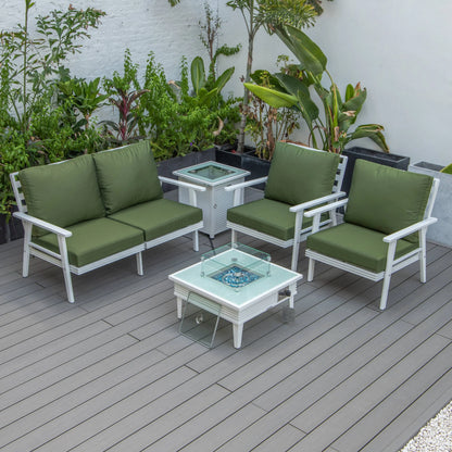 LeisureMod Walbrooke Modern Aluminum 5-Piece Patio Conversation Set with Outdoor Square Fire Pit Table with Slats Design & Side Table Tank Holder (Green)