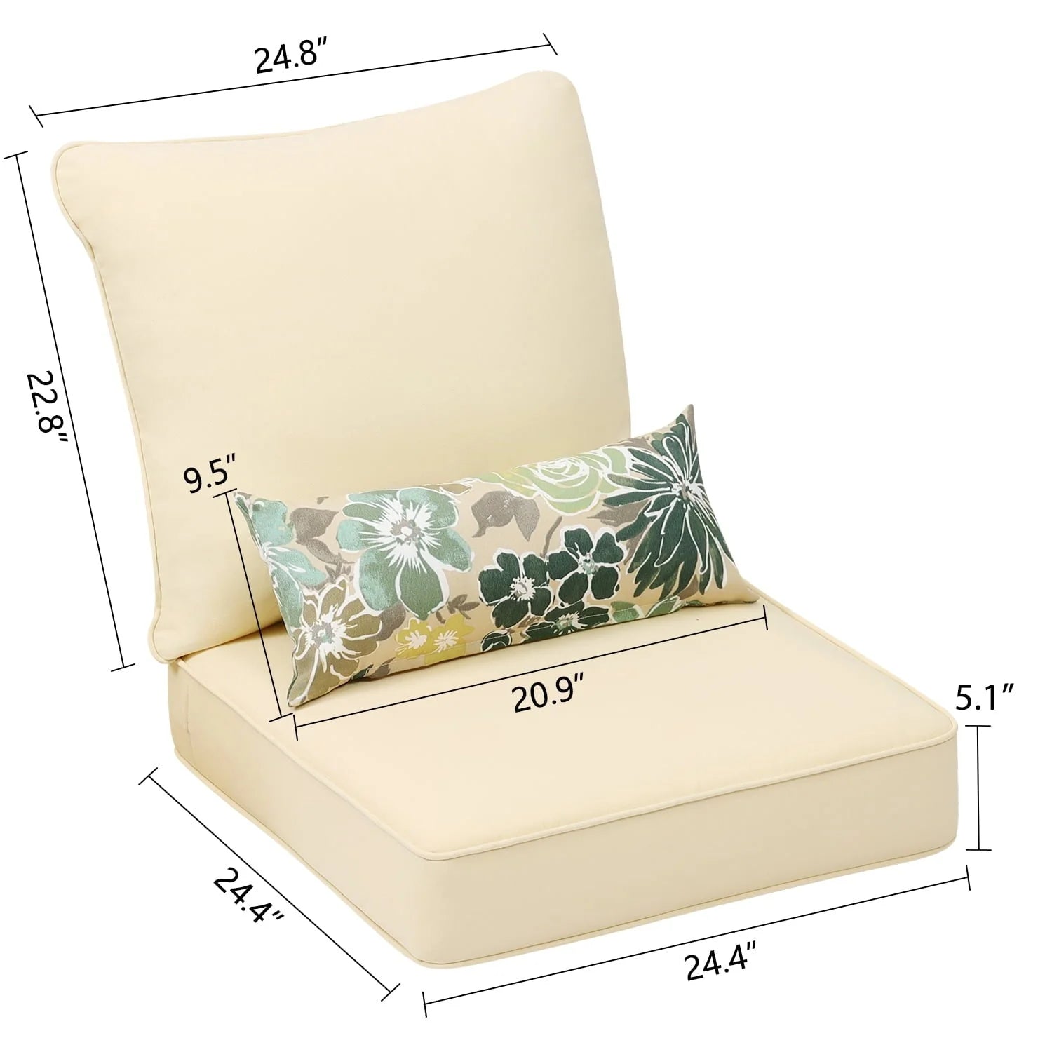 Aoodor 25” x 25” Patio Furniture Outdoor Deep Seat Cushion Beige(2 Back 2 Seater 2 Pillow )