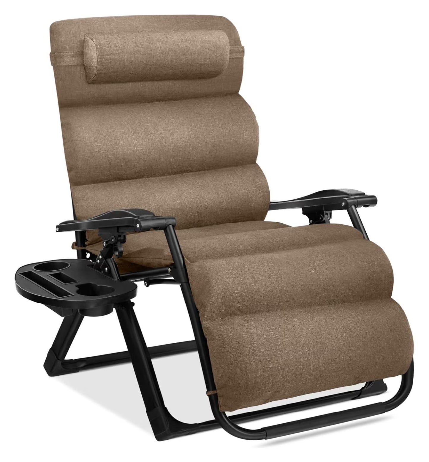 Oversized Chair, Folding Outdoor Patio Recliner, XL Anti Gravity Lounger w/Removable Cushion, Cup Holder, Side Tray, 350lb Capacity - Taupe