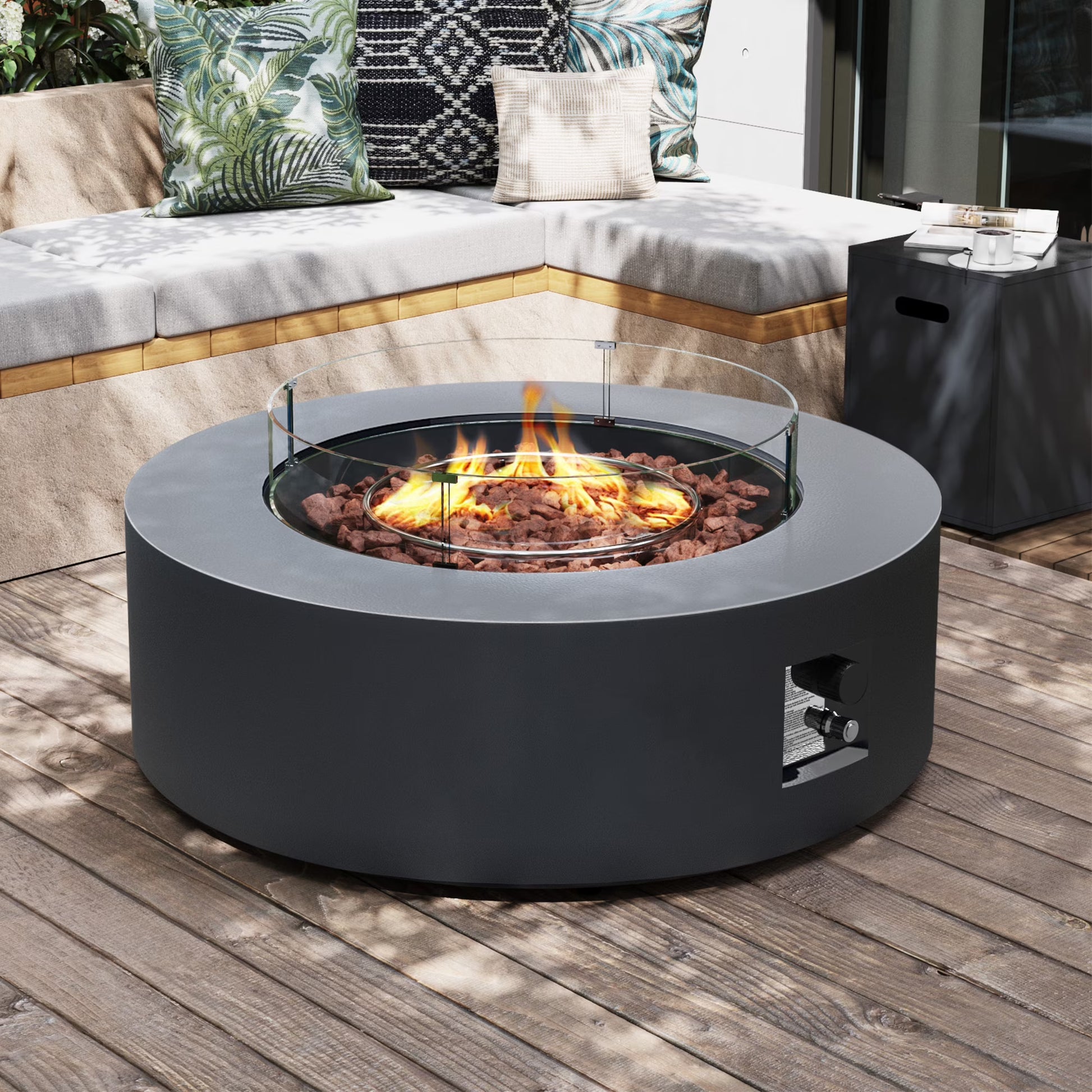 UPHA 56-inch Outdoor Propane Rectangle Fire Pit Table 50000 BTU Iron Gas FirePit for Outside Patio with Tank Cover, Removable Lid, Lava Rocks, Rain Cover, Grey
