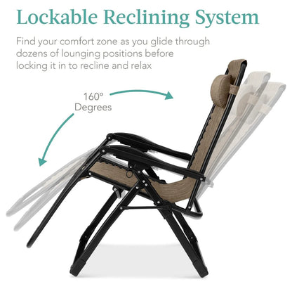 Oversized Chair, Folding Outdoor Patio Recliner, XL Anti Gravity Lounger w/Removable Cushion, Cup Holder, Side Tray, 350lb Capacity - Taupe