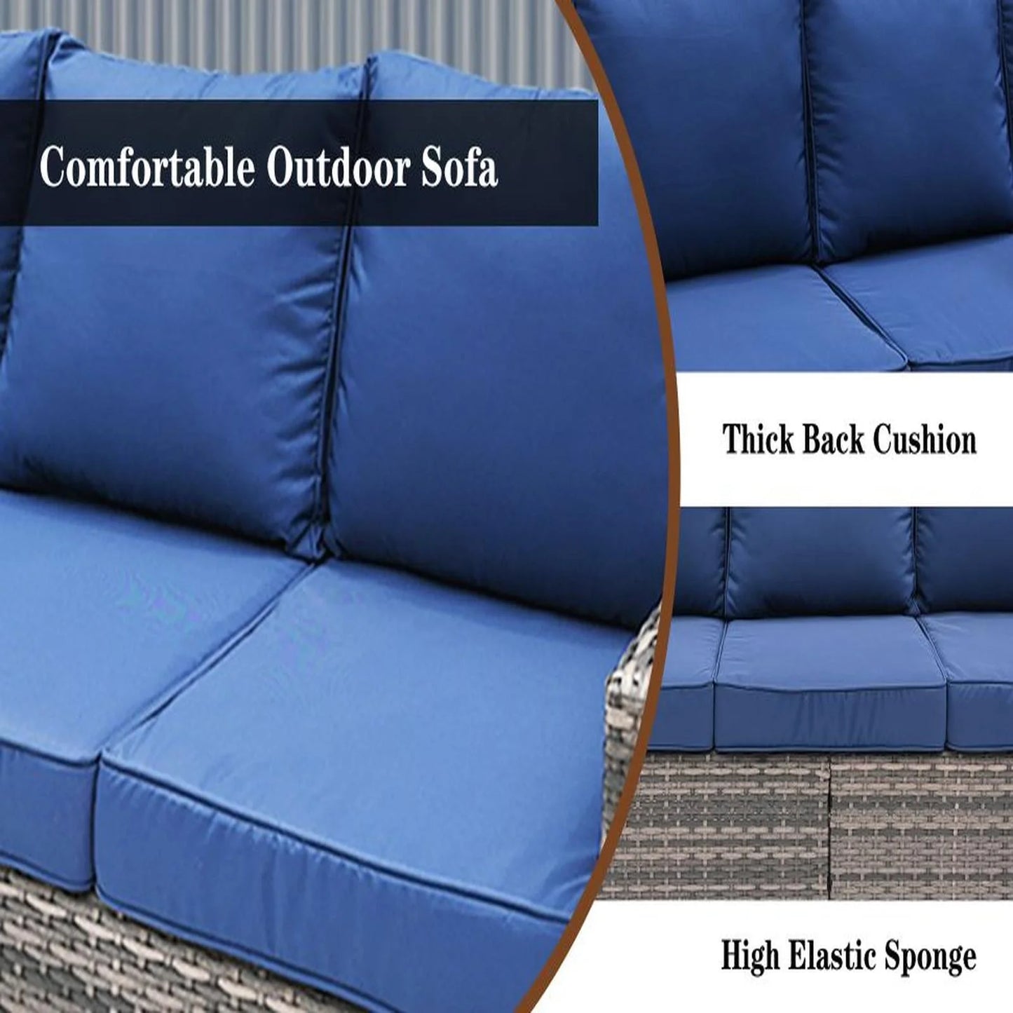 Decksplore All Weather Wicker Patio Couch, 3 Seats Patio Sofa with High Curvy Back, Premium Outdoor Sofa with Brown Wicker and Thick Cushions for Garden, Backyard, Porch Navy Blue