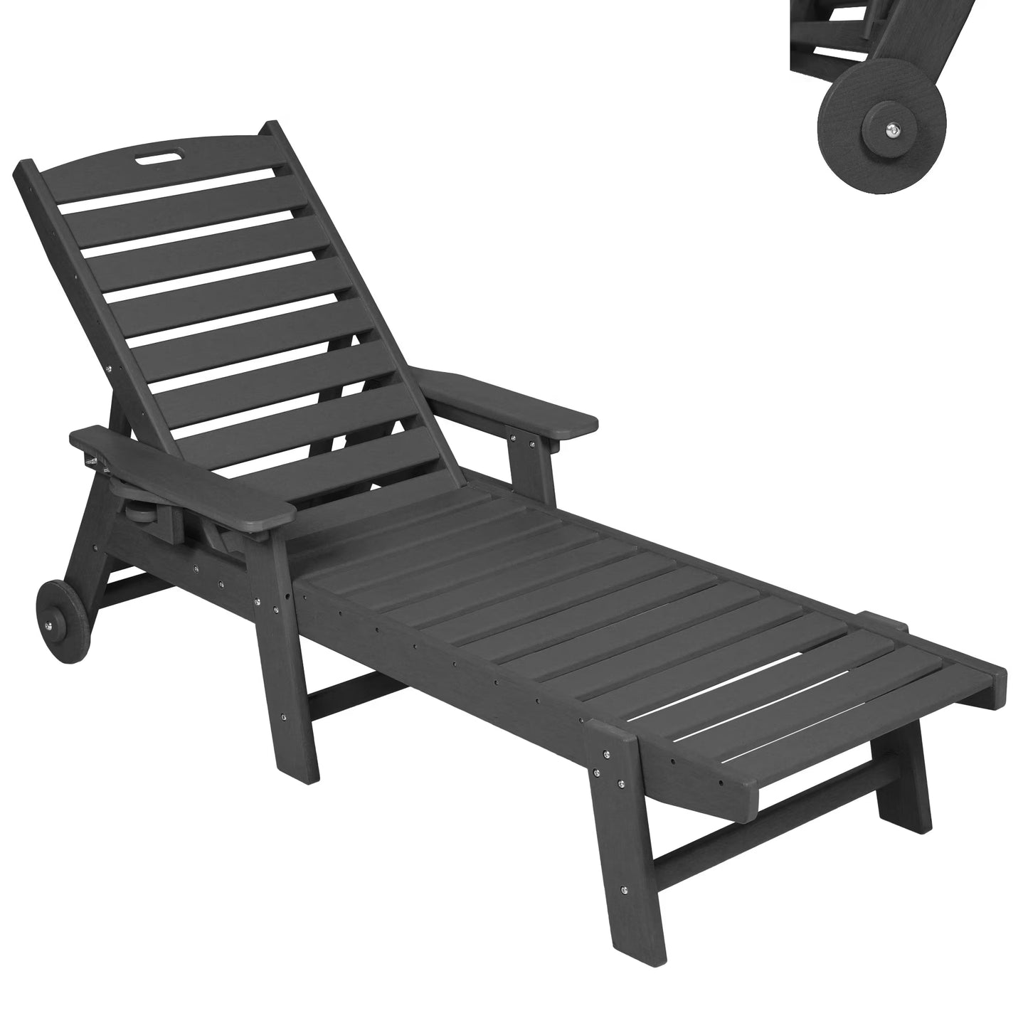Aukfa 3 Pcs Outdoor Patio Chaise Lounge w/Coffee Table& Cup Holder, Adjustable Backrest, HDPE, Black