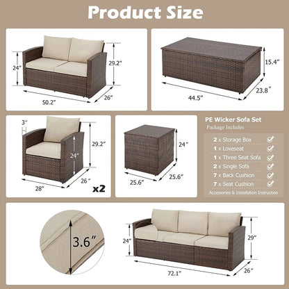 AECOJOY 6 Pieces Outdoor Furniture Set , Patio Rattan Wicker Sectional Sofa Conversation Set, Beige
