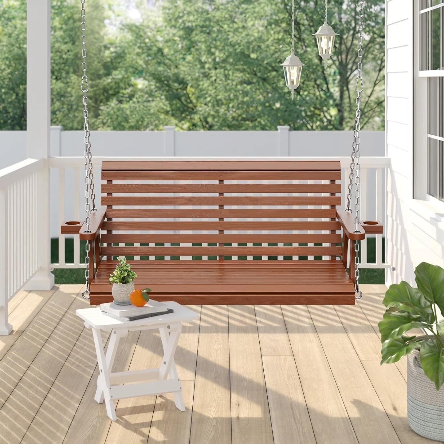 SOLAURA 2 Seat Outdoor Wooden Porch Swing with Cup Holders, Hanging Patio Swing with Hanging Chains, Swing Bench Chair for Backyard Garden Balcony, 440lbs Weight Capacity, Brown