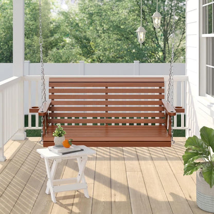 SOLAURA 2 Seat Outdoor Wooden Porch Swing with Cup Holders, Hanging Patio Swing with Hanging Chains, Swing Bench Chair for Backyard Garden Balcony, 440lbs Weight Capacity, Brown