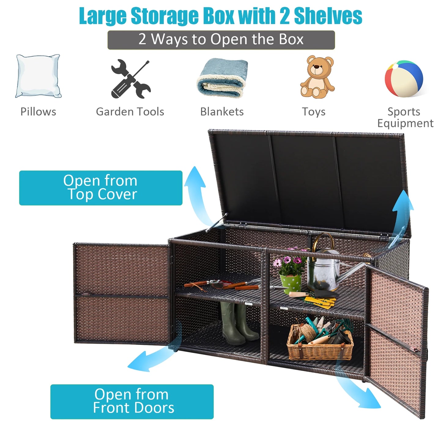 Costway 88 Gallon Garden Patio Rattan Storage Container Box Bin Shelf Brown