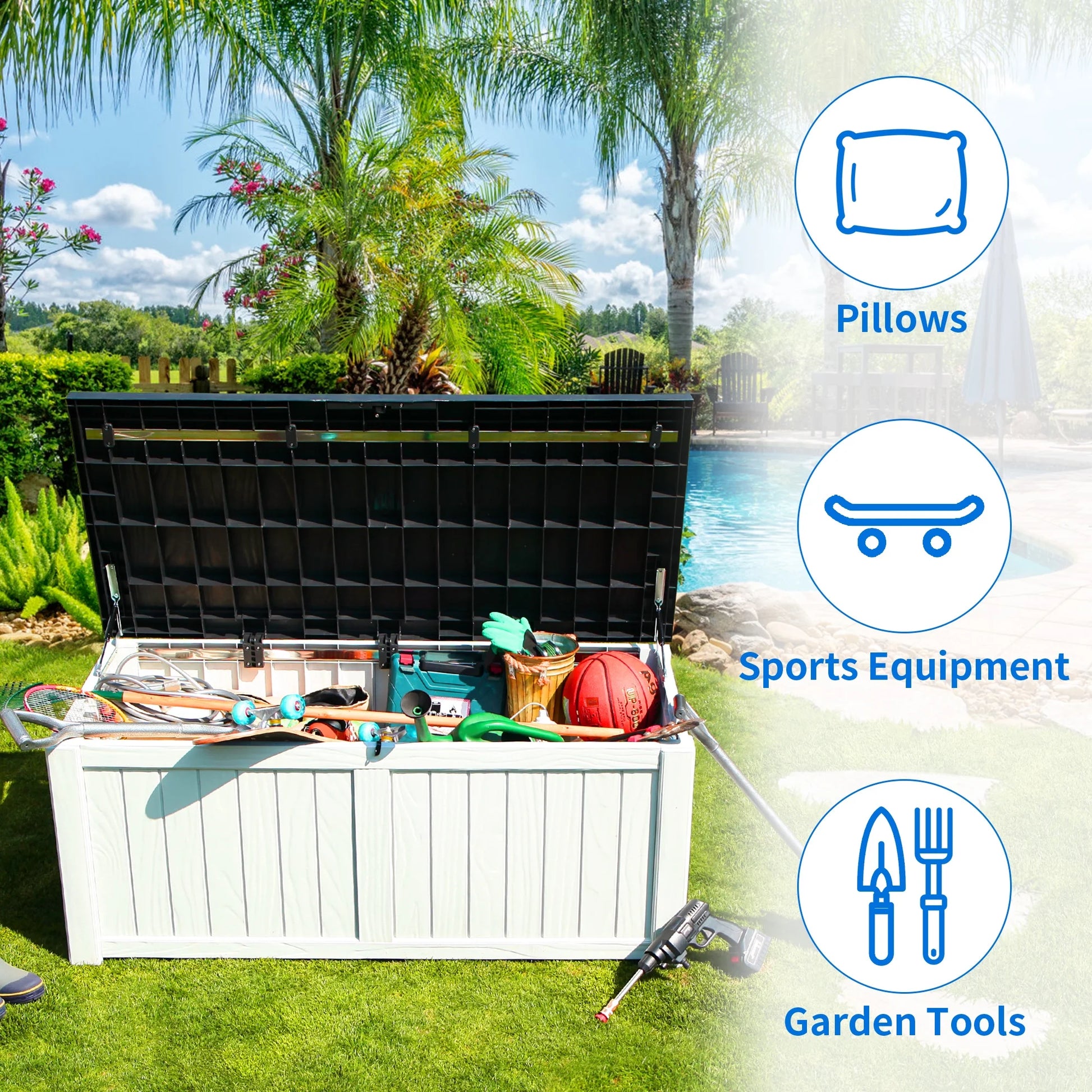 Dextrus Outdoor Storage Deck Box 120 Gallon - Large Resin Patio Storage for Outdoor Pillows, Garden Tools and Pool Supplies - Waterproof and Lockable (Dark Grey)