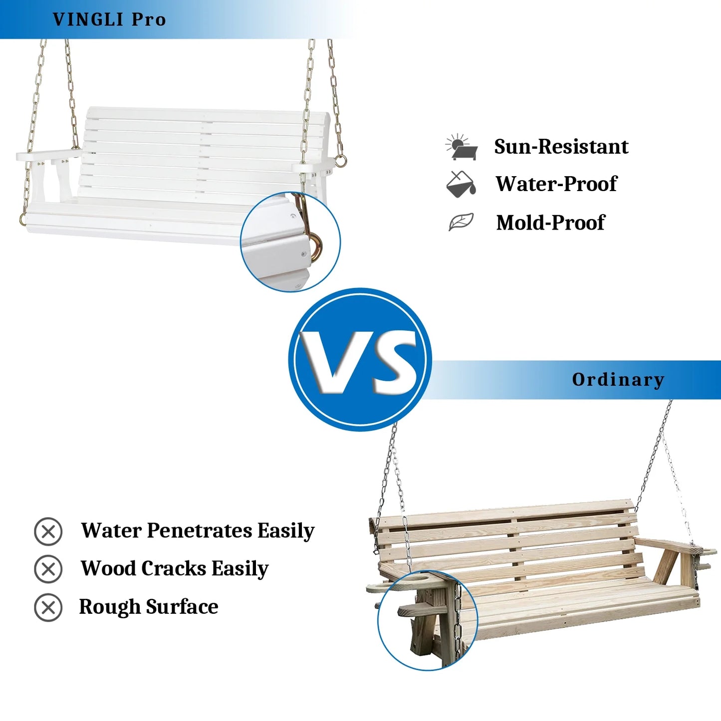 Ktaxon Patio Wooden Porch Swing for Courtyard & Garden, Heavy Duty 880 LBS Swing Chair Bench with Hanging Chains for Outdoors (White, 4 FT)