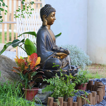 Buddha Water Fountain Outdoor Large Sitting Lotus Base Waterfall Fountains Zen Water Feature Indoor with LED Light for Garden Patio Backyard Deck Lawn Porch Balcony Home 45 inches Gold