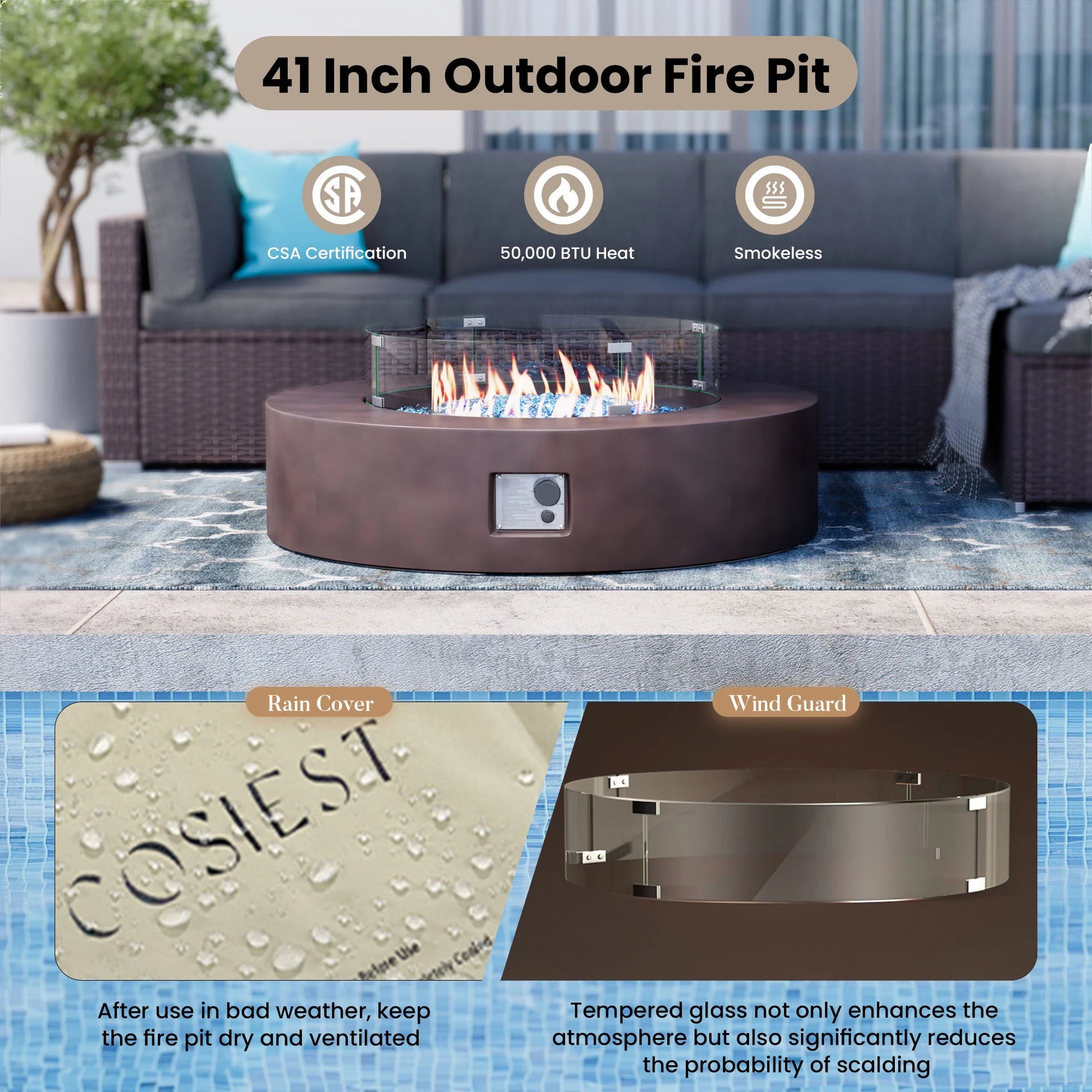 COSIEST 41''Round Fire Pit Table,50000 BTU Outdoor Propane Patio Fire Pit