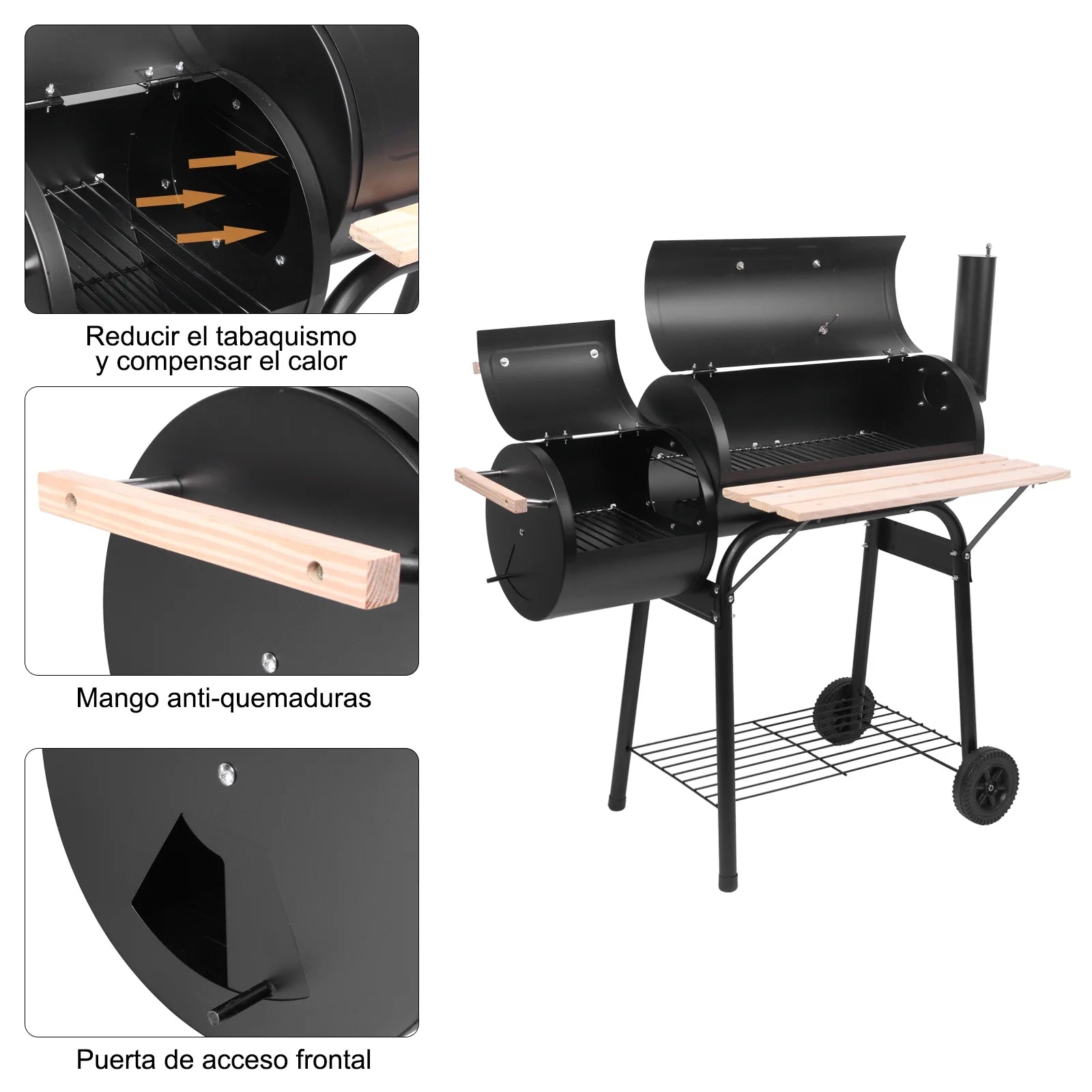 Qiushi BBQ Charcoal Grill, Outdoor Patio Barbecue Cooker with Offset Smoker, Wheels and Tray for Balcony Picnics, Party and Camping