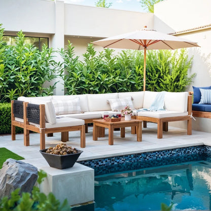 Patio prestige 7 Pieces Acacia Wood Patio Conversation Set Rope Woven Outdoor Sectional Sofa with Table and Cream Cushions
