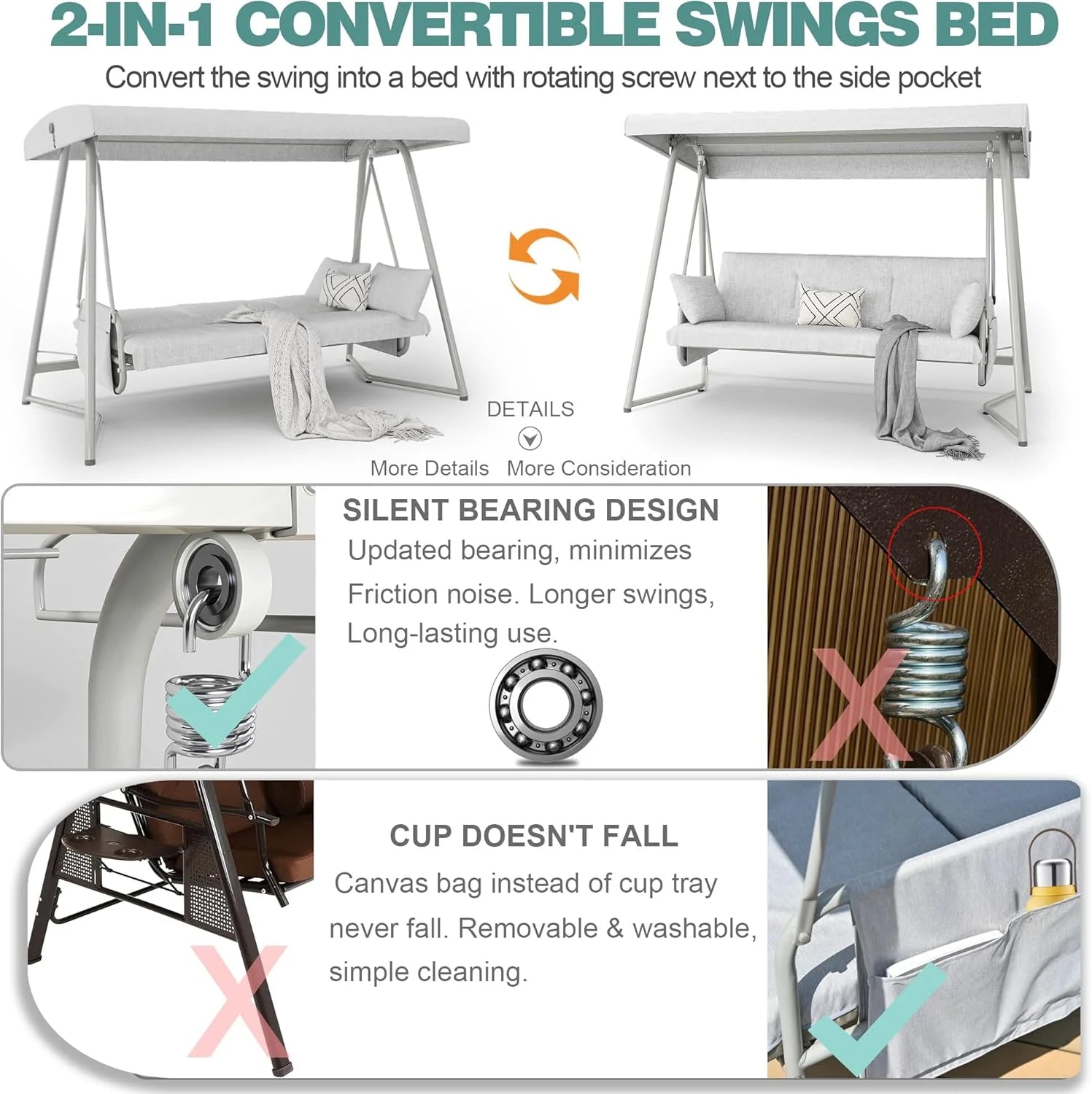 CHINNLUU Oversized 4 Person Porch Swing with Stand 800 LBS Capacity Adjustable Canopy Backrest Includes Cushions Pillows Patio 2 in 1 Swing Bed for Backyard Garden Poolside, Champagne