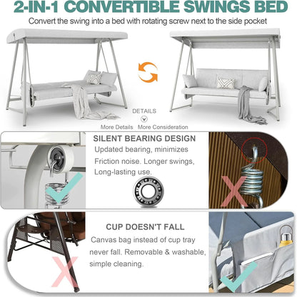 CHINNLUU Oversized 4 Person Porch Swing with Stand 800 LBS Capacity Adjustable Canopy Backrest Includes Cushions Pillows Patio 2 in 1 Swing Bed for Backyard Garden Poolside, Champagne