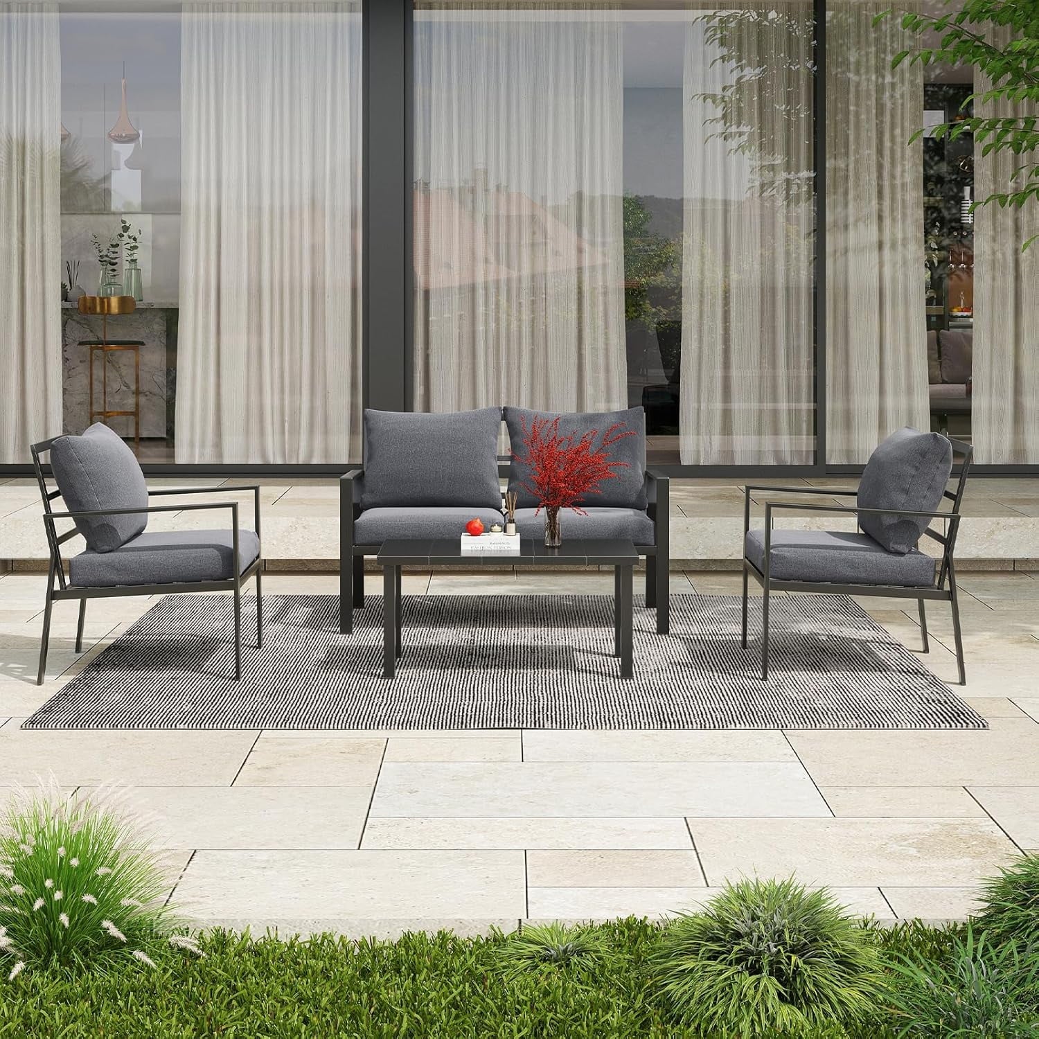 Farini Outdoor conversation sets, 4 Pieces Metal Patio Furniture Set with 2 Single Chairs, 3-Seat Sofas & Coffee Table, for Garden, Backyard, Balcony (Beige)