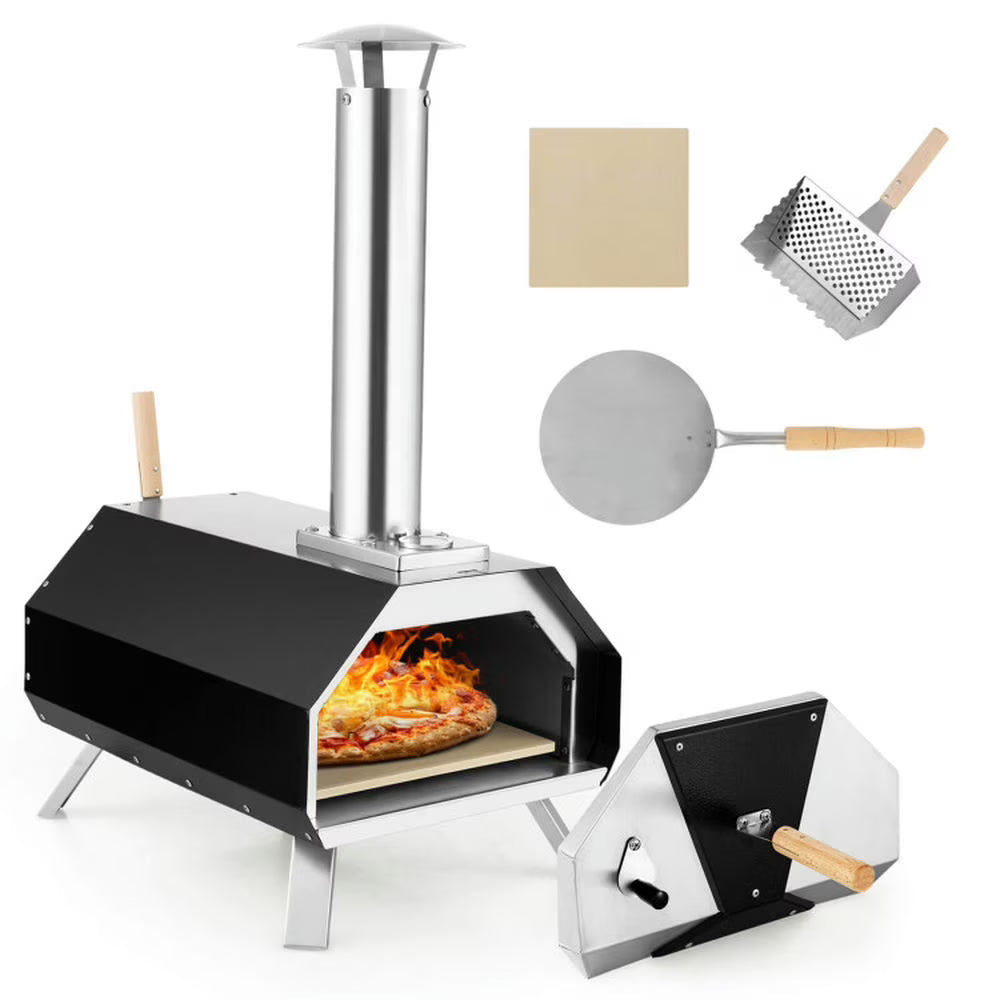 Topcobe Outdoor Pizza Oven with Pizza Stone and Foldable Legs for Camping, Cooking Space for Backyard, Patio and Parties-Black