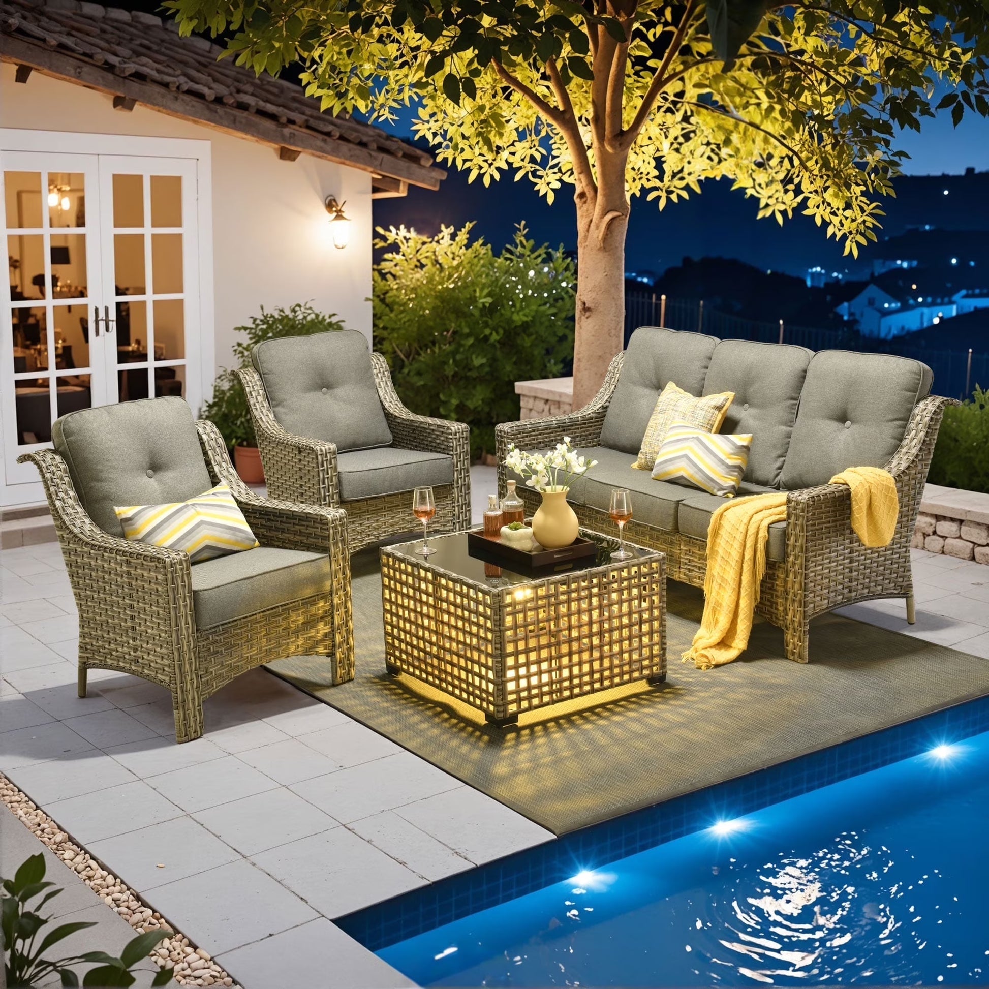 Ovios 6 Pieces Outdoor Furniture Set High Back All-Weather Wicker Patio Conversation Set with Ottomans & Solar Light Coffee Table, Diamond Blue