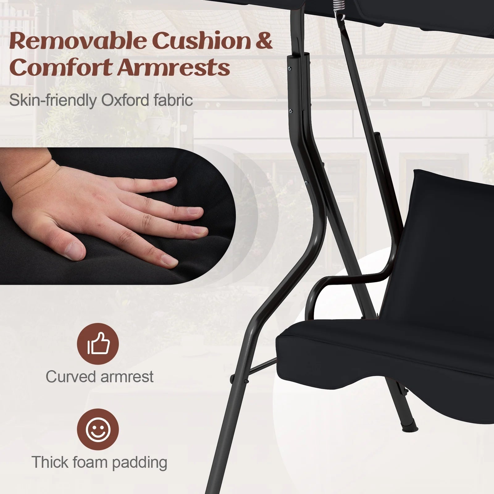 Costway Patio 3 Seats Canopy Porch Swing Glider Hammock Cushioned Steel Frame Outdoor Black