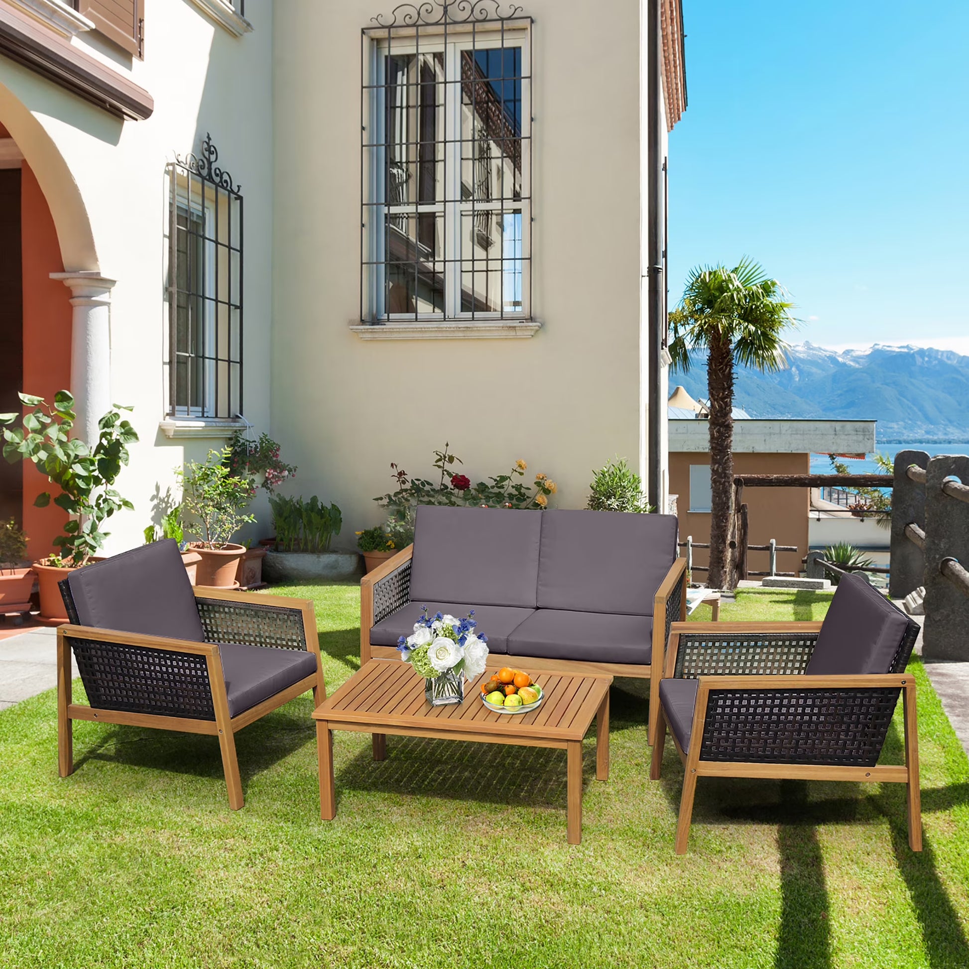 Costway 8PCS Patio Rattan Furniture Set Acacia Wood Cushioned Sofa Off White