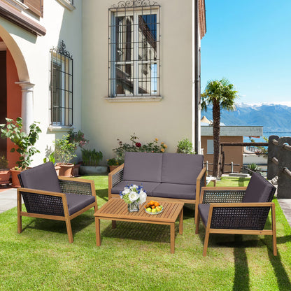Costway 8PCS Patio Rattan Furniture Set Acacia Wood Cushioned Sofa Off White