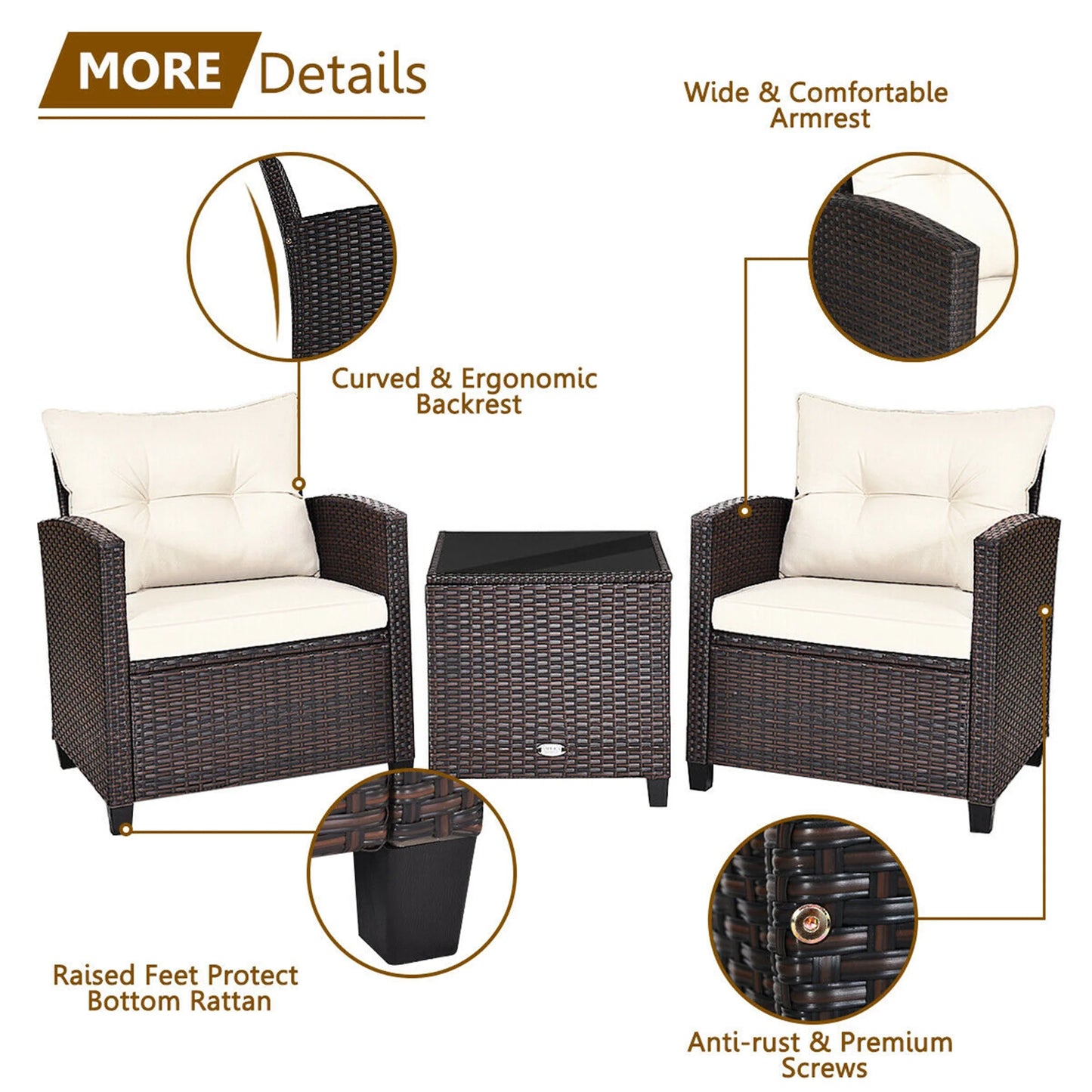 Gymax 3PCS Outdoor Patio Rattan Conversation Set Garden Yard w/Off White Cushions