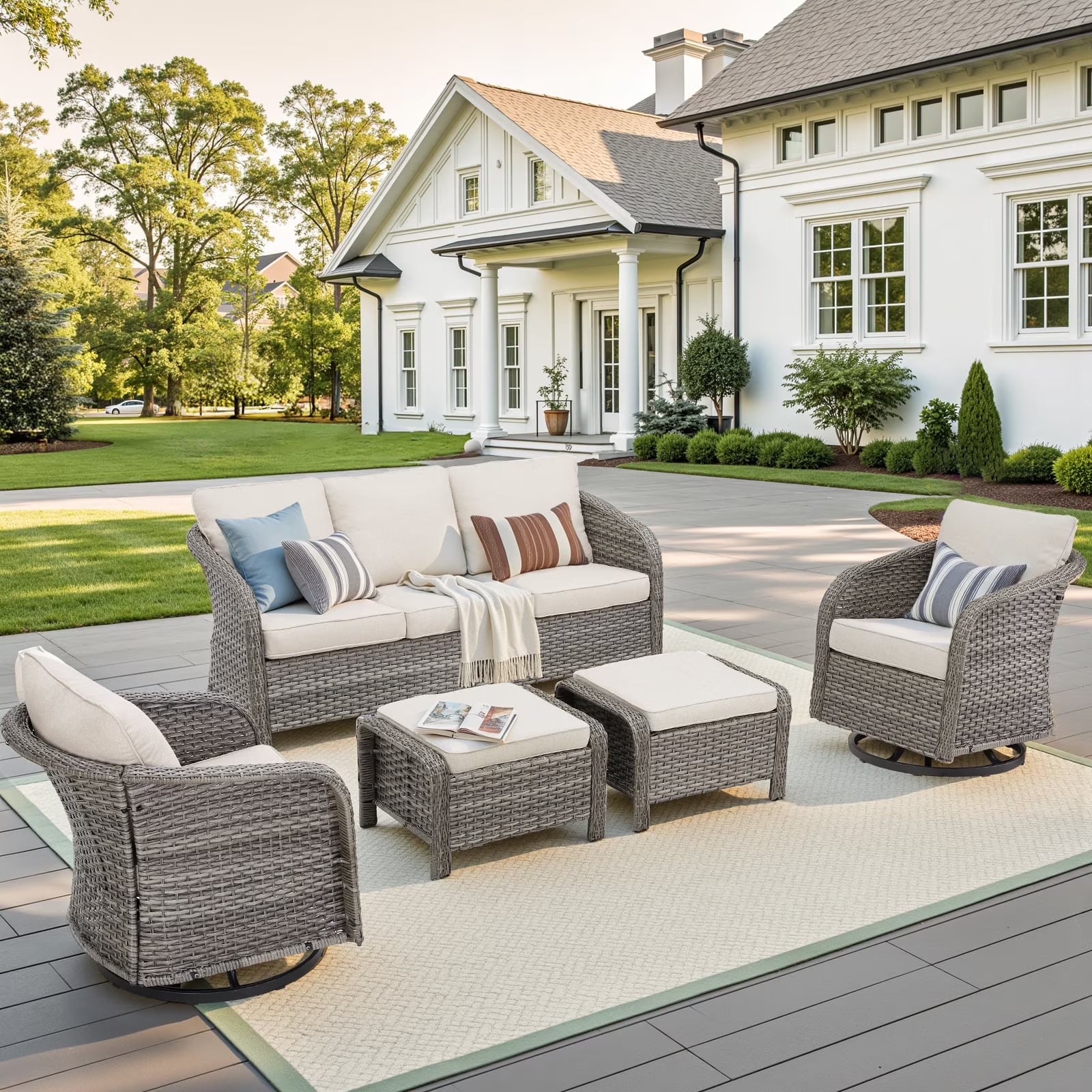 Planntonneo 5 Pieces Wicker Patio Furniture Set Deals, Outdoor Couch Set with Swivel Rocking Chairs and Ottomans for Porch Backyard Garden
