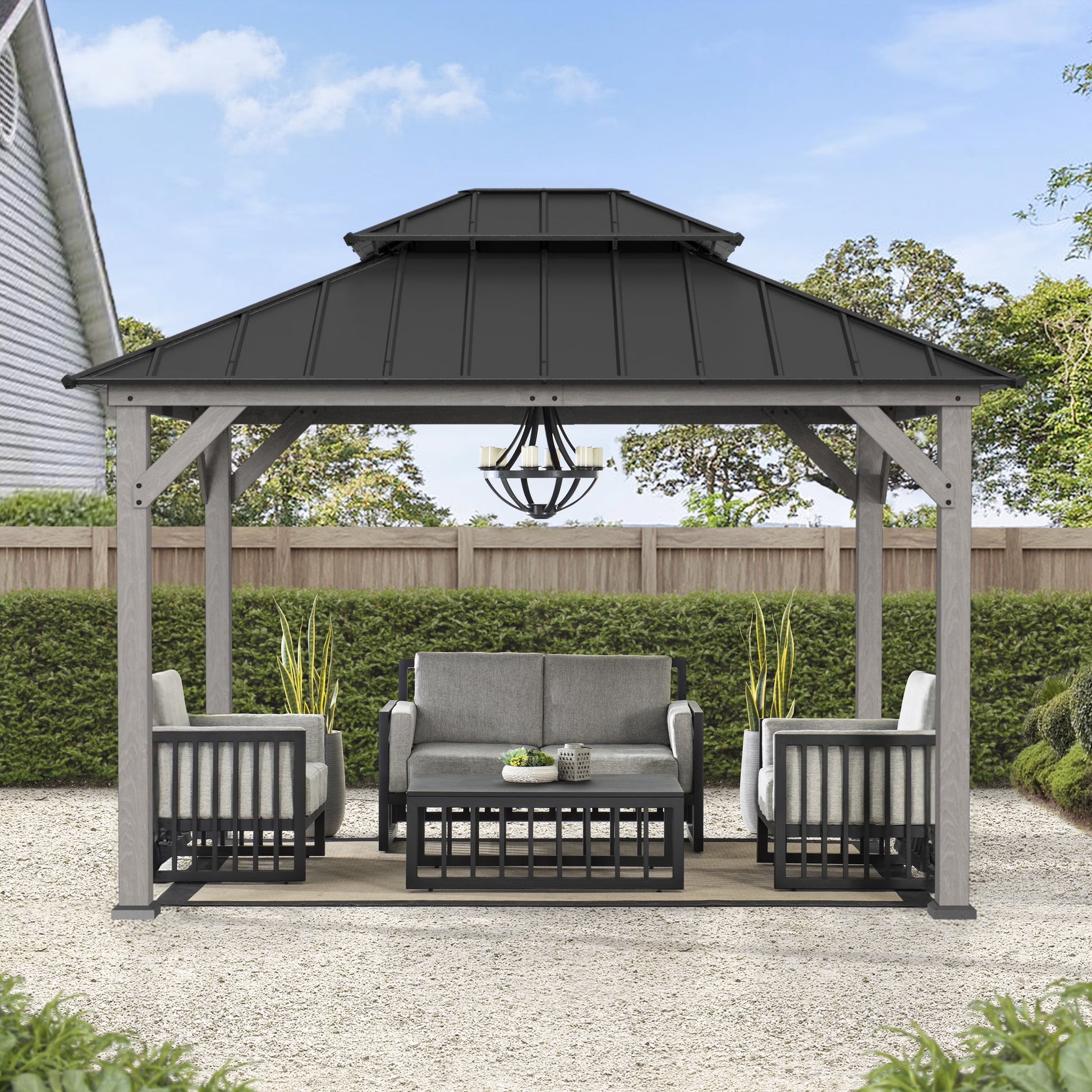 SUNJOY 10 x 12 ft. Wood Gazebo, Outdoor Patio Steel Hardtop Gazebo, Cedar Framed Wooden Gazebo with 2-Tier Metal Roof, Suitable for Patios, Lawn and Backyard, Matte Black Roof + Gray Wood Frame