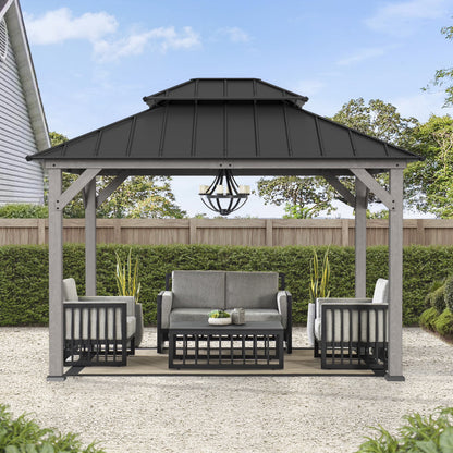 SUNJOY 10 x 12 ft. Wood Gazebo, Outdoor Patio Steel Hardtop Gazebo, Cedar Framed Wooden Gazebo with 2-Tier Metal Roof, Suitable for Patios, Lawn and Backyard, Matte Black Roof + Gray Wood Frame