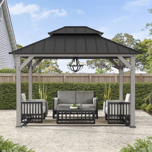 SUNJOY 10 x 12 ft. Wood Gazebo, Outdoor Patio Steel Hardtop Gazebo, Cedar Framed Wooden Gazebo with 2-Tier Metal Roof, Suitable for Patios, Lawn and Backyard, Matte Black Roof + Gray Wood Frame
